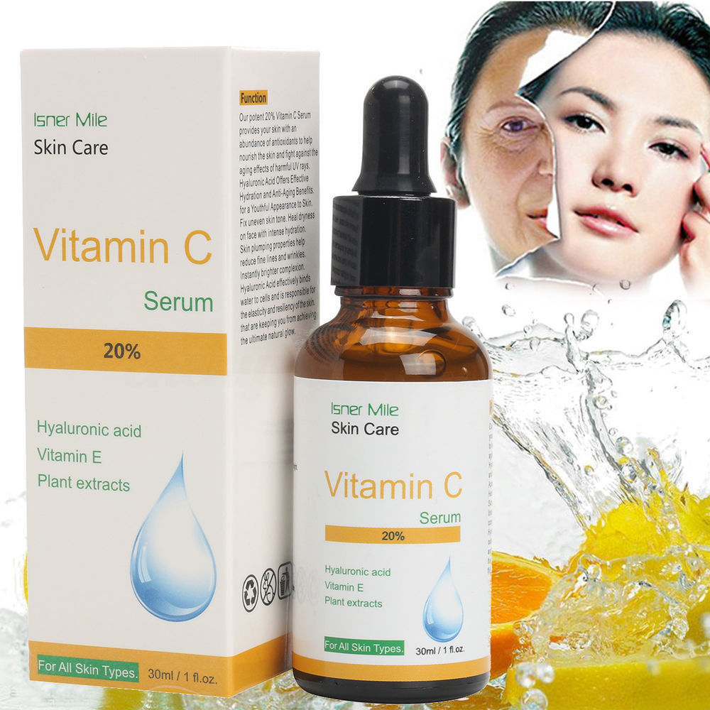 Isner Mile Vitamin C Serum mit Verpackung und Anwendungsvorteilen, dargestellt neben einem Gesicht, das eine Verjüngung zeigt.